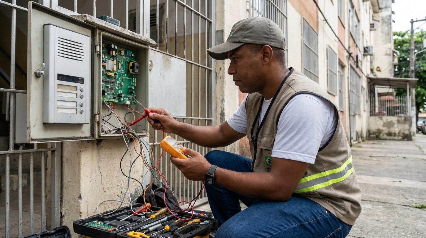 Eletricista consertando interfone em Suzano‑SP